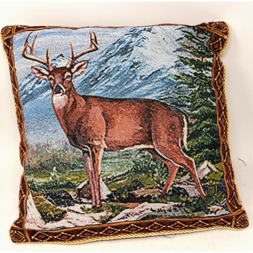 VTG Wildlife Deer Bear Tapestry Throw Pillows 15x15 Pair Cabin Lodge Decor